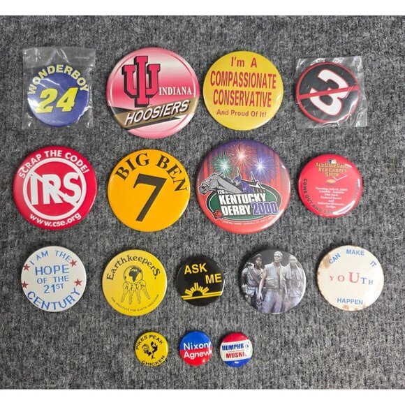 Vtg Collectible Button Pin Lot Mixed Themes Hoosiers Kentucky Derby 2000 Nixon - Picture 1 of 7